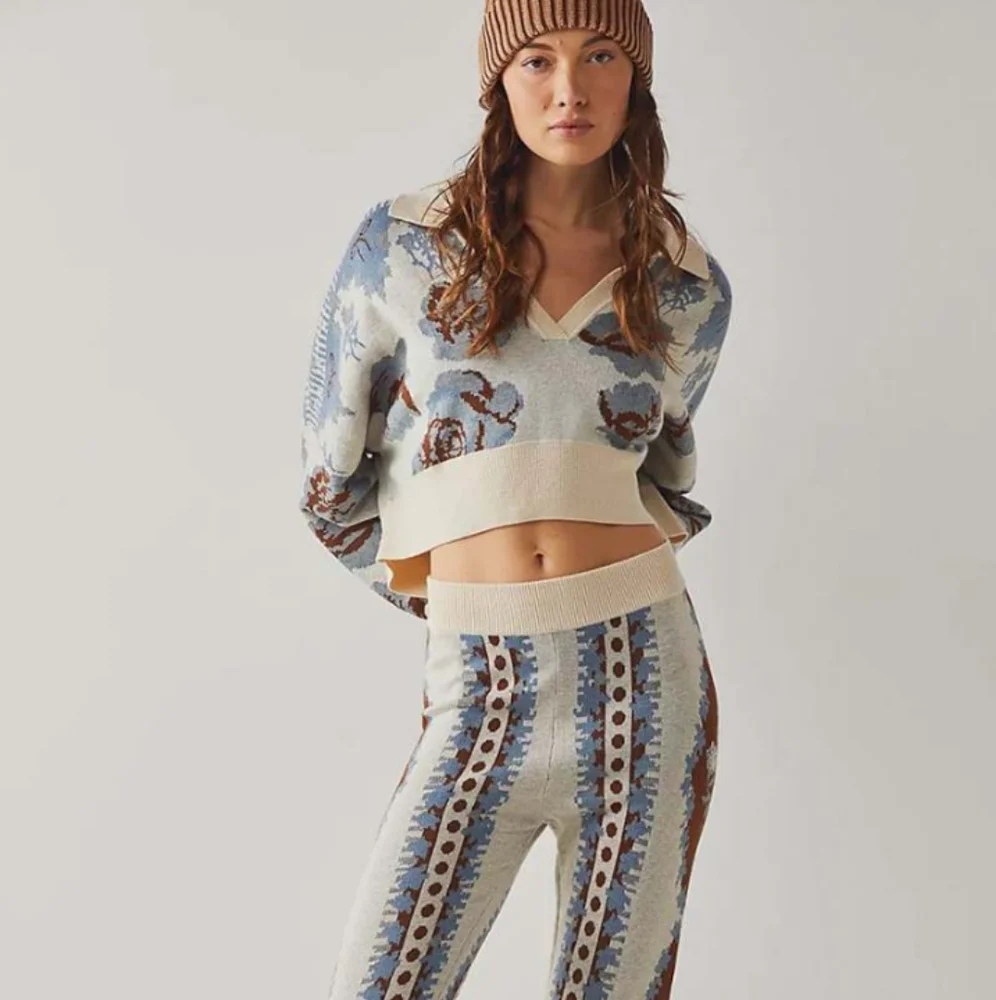 Free People Fuzzy Feeling Polo Sweater Cropped Floral Knit Top